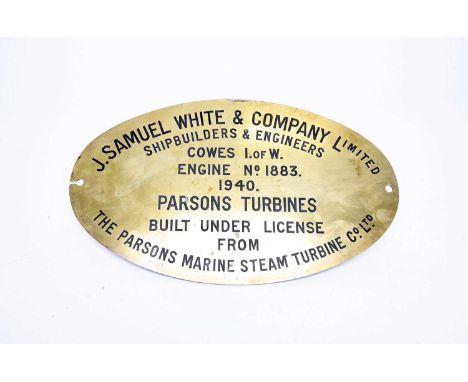 nickel plated (?) oval 'Built By J Samuel White &amp; Co. Ltd, Cowes IOW' 8 3/4x6", 22x15cm; together with brass oval, 'Cowes