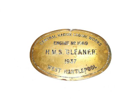 brass oval, 'Engine No.1069 1937 West Hartlepool' HMS Gleaner was a Halcyon Class Minesweeper involved in the search for HMS 