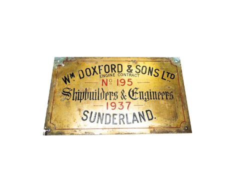 brass rectangle, 'Engine Contract No.195 1937 Sunderland'16x9 1/2", 41x24cm