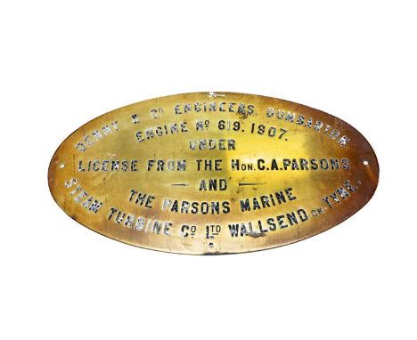 brass oval, 'Engine no.619 1907 under license from the Hon. C A Parsons and The Parsons Marine Steam Turbine Co. Ltd. Wallsen