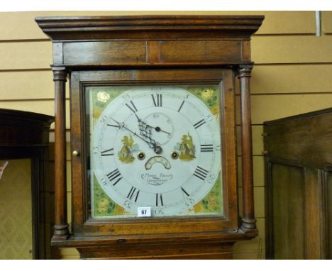 An 18th Century oak and crossbanded longcase clock having a stepped cornice to a square hood with turned pillars, a long cros