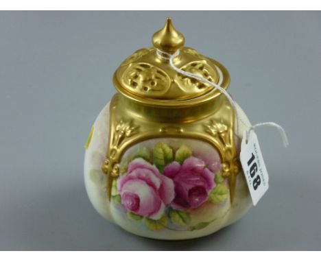 Royal Worcester - pot pourri vase with pierced gilt decorated finial lid, raised gilt shoulders over a squat form vase with h