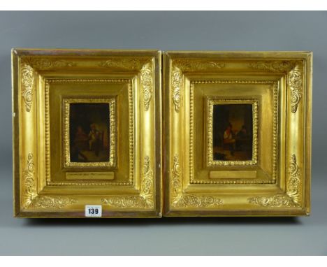 Attributed to CORNELIS VAN POELENBURGH oils on panel, a pair - each of two tavern figures playing cards and tavern figures ch