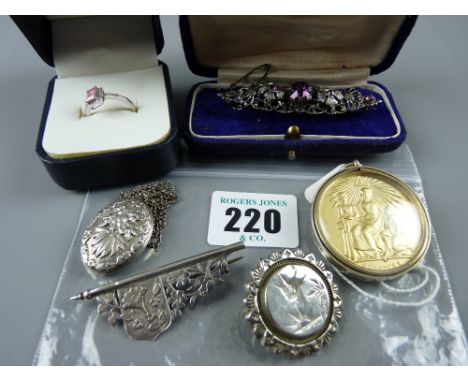 A selection of Victorian and later jewellery comprising of a nine carat gold and pink quartz ring, a white metal embossed pat