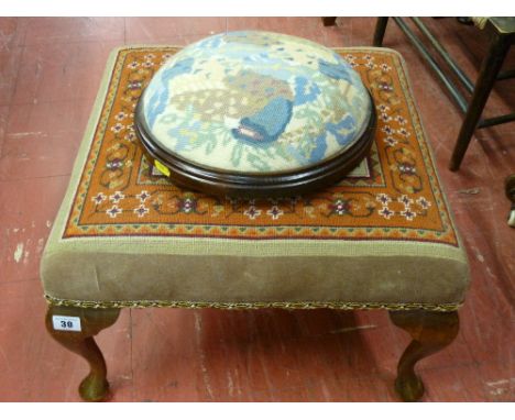 A circular Victorian tapestry top footstool on ball supports and a polished tapestry top square footstool with cabriole corne