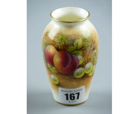 Royal Worcester - hand painted 'Fallen Fruit & Berries' vase by decorator J Smith, signed, with gilt rim and base, black fact