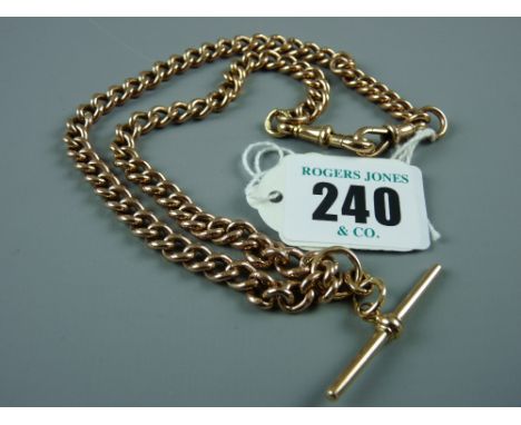 A nine carat gold curb link watch chain with central T-bar in fifteen carat gold, 43 cms approximate length, 48.5 grms total 