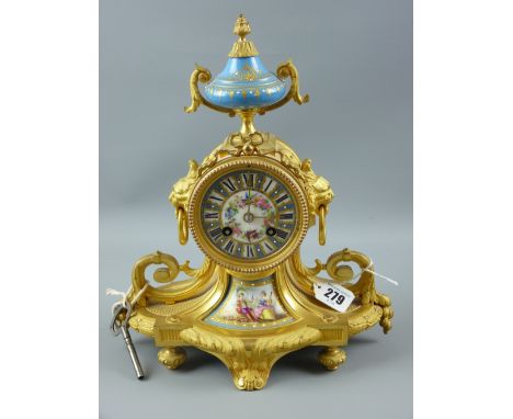 Japy Freres - a fine compact French ormolu mantel clock, the case marked 'Mourey' and having a circular porcelain floral dial