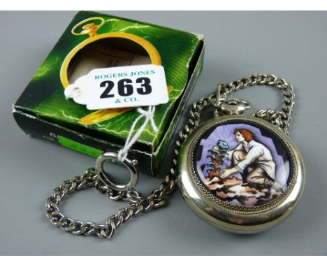 A modern Russian Manhua pocket watch with enamel figural back and white metal Albert chain together with original purchase re