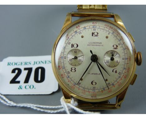 A rare fourteen carat gold encased Luzerna seventeen jewel anti-magnetic Swiss wrist chronometer with expanding non-gold brac