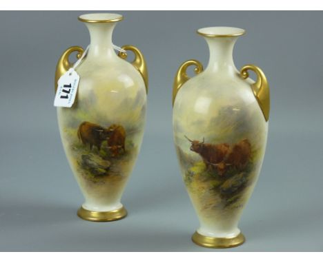 A pair of Royal Worcester twin handled vases, hand painted with scenes of Highland Cattle by J Stinton, signed, opposing scen