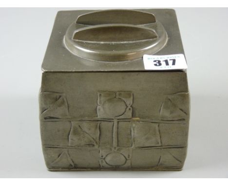 Liberty Pewter - a square pewter tea caddy with raised floral decoration in the Arts & Crafts style and with lidded top, numb