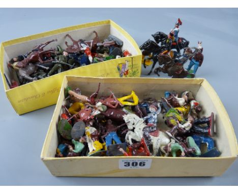 A collection of diecast military men, figures on horseback and Wild West cowboys and Indians, mostly unmarked and play worn