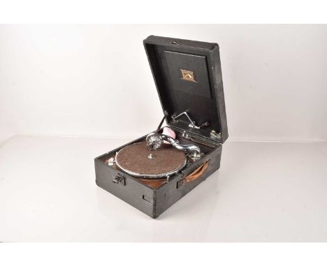 A HMV 102 Portable Gramophone, having No.5a Soundbox, in black case, lacking record tray, AF
