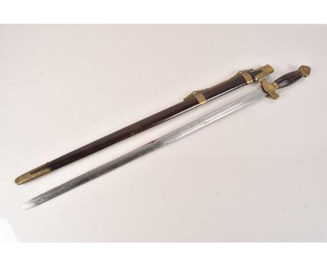 A Chinese Jian Style sword, with 58cm double edged blade, complete with wooden and brass banded scabbard, no postage for this