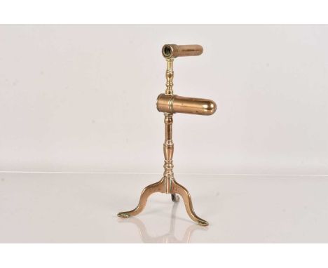 A Double Barrelled Brass Goffering Iron, having tripod base, two of the legs stamped 'EIA' and the other 'IH@, with two barre