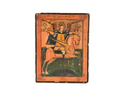 An Icon of Archangel St Michael, Russian, 19th Century, St Michael on a winged Charger, book of gospel in one hand, and cense