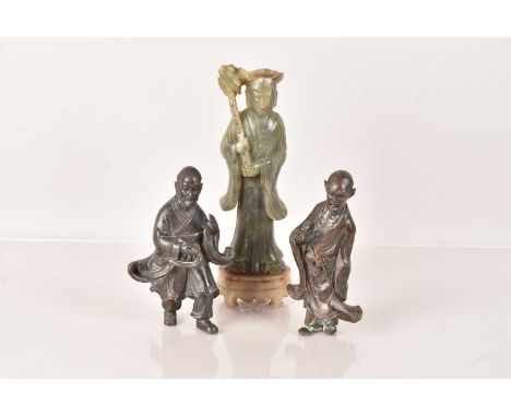 Two 19th Century Chinese Bronze Louhun Figures, modelled as men, one with a whip, the other with a raised hand, 12cm H, toget