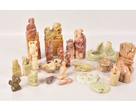 A collection of Oriental Soapstone Seals, having different designs, including Dog of Fo, Mythical Beasts and Figural, togethe
