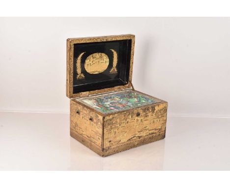 A large Chinese Tea Caddy, the gilt decorated box, having various scenes with multiple figures to all sides, the lid opens to
