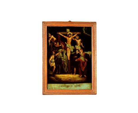 An early 19th Century etching mounted on glass, Crucifixion of Christ', published September 24th 1802 by P.Stampa, 74 Leather