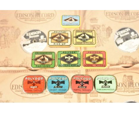 Gramophone Needle Tins, ten Polydor tins, in three different styles, various colours (10)