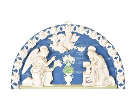 A Cantagalli Firenze Pottery Plaque, depicting The Angel Gabriel Instructing Mary, having impressed marks to the reverse, 42c