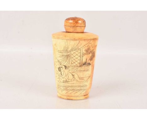 A Chinese Bone Snuff Box, having erotic scenes to either side, 9cm H