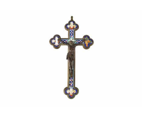 An Italian metal and micro mosaic crucifix, having floral decoration to the top and bottom terminal, a vintage column to the 