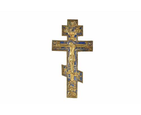 A 19th Century Bronze Russian Orthodox Cross, having central relief of Christ on the Cross, with blue enamel ground, the reve