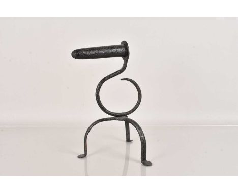 A British Wrought Iron Goffering Iron, having tripod base, with curled body, leading to 15cm long barrel, 30.5cm H