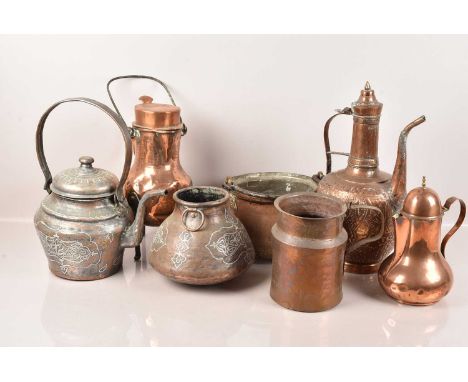 Middle Eastern Copper Ware (7), various items, a tall coffee pot (spout damaged) 42 cm high, kettle with loop handle, coquema