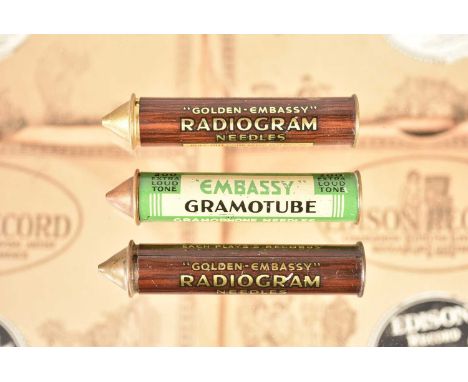 Gramophone Needle Tins, three Embassy tubes, one for Embassy Gramotube, the other two for 'Golden Embassy' Radiograms (3)