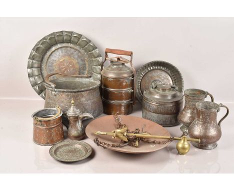 Middle Eastern Copper and Other Metal Ware (11), various items, cooking pot with loop handle, 23cm in diameter, hanging scale