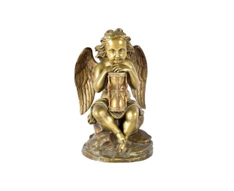 A late 19th Century bronze Seated Cherub with Hour Glass, the bronze cherub with foundry marked '93' to the lower edge, the c