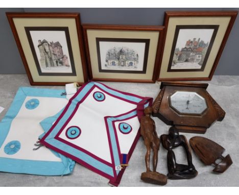Vintage Carved oak wall barometer and 2 Masonic aprons plus 3 wooden ornaments and 3 framed prints