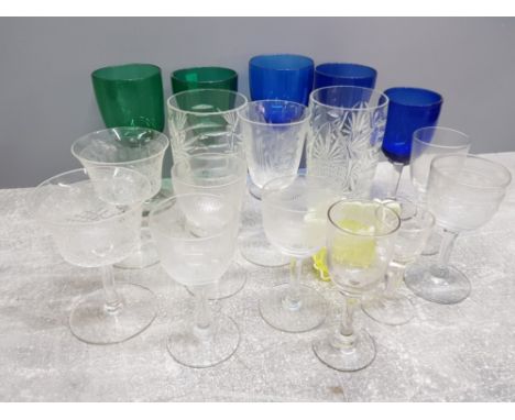 Tray of Victorian bristol blue and green wine glasses and a number of edwardian pall mall/lady Hamilton glasses