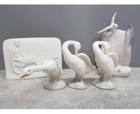 3 lladro geese figures and 2 lladro plaques from the lladro society