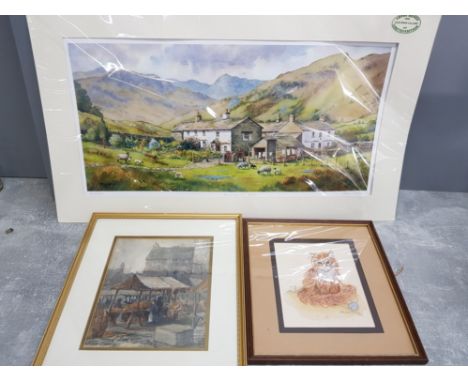 John wood LTD signed print farming the fells 40/695 and 2 framed watercolours by sandracook and E.Black