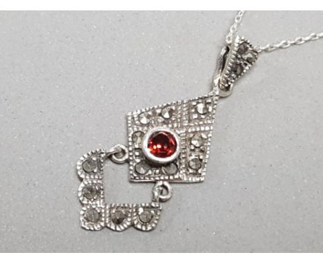 Silver garnet and marcasite pendant and chain 3g gross