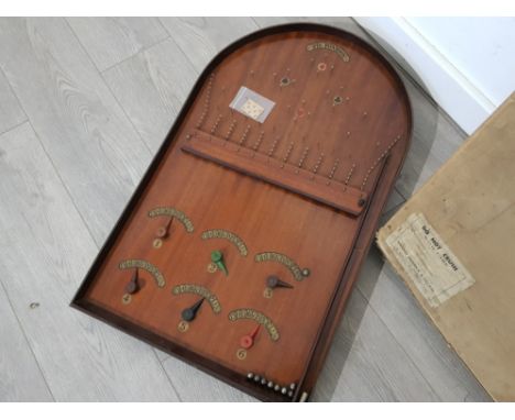 Vintage mahogany pin-pontoon bagatelle with 8 balls and original cardboard box