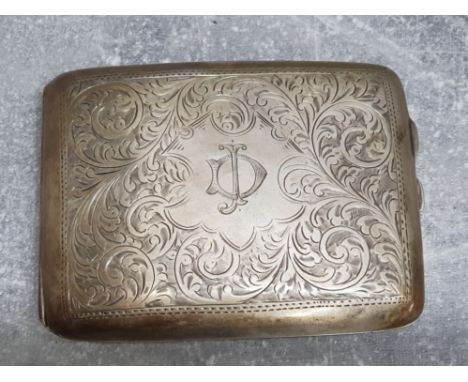 Hallmarked Birmingham silver 1924 cigarette case, nicely etched 11cm, 22cm when opened, 123.6G