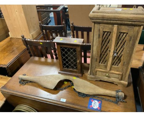 A small Colonial cabinet together with a yoke, smaller cabinet and a firescreen  (4)