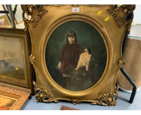 A Victorian gilt framed portrait overpainted print together with another print cattle watering cottage scene, etc (4)