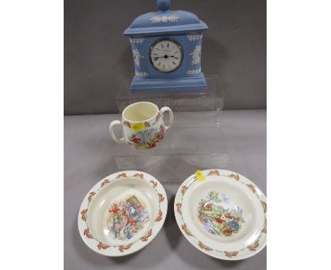 A Wedgwood mantle clock together with Bunnykins ceramics 