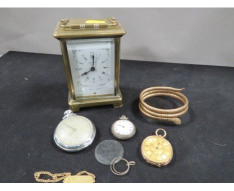 A small tray of collectables to include a 9k cased fob watch A/F, fob watch and carriage clock etc