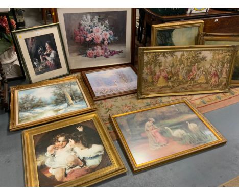 A large quantity of assorted pictures and prints to include oil and canvases, a tapestry, etc