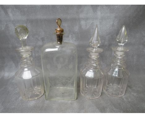 A 19TH CENTURY ETCHED GLASS RECTANGULAR SPIRIT FLASK, dated 1851, H 28.5 cm, together with three further 19th century decante