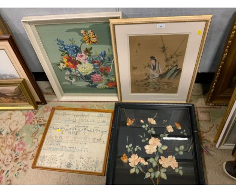 A framed sampler dated 1825 together with a floral tapestry, floral silk work and an eastern silk work. (4)