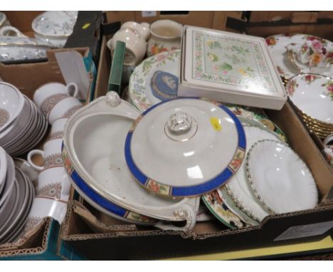 Three trays of assorted ceramics to include Noritake and Colclough 